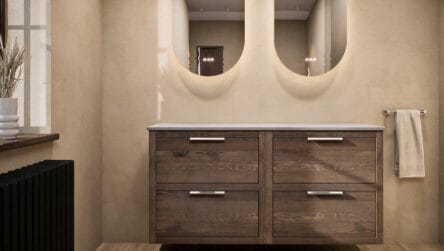 Modern naturel eiken badkamermeubel 140 cm met dubbele lade, vlak front en grijs limestone blad met witte waskom