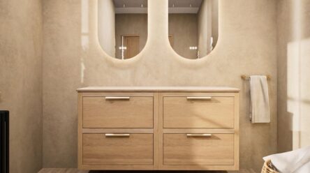 Hangend donker eiken badkamermeubel 140 cm met twee lades en grijs limestone blad