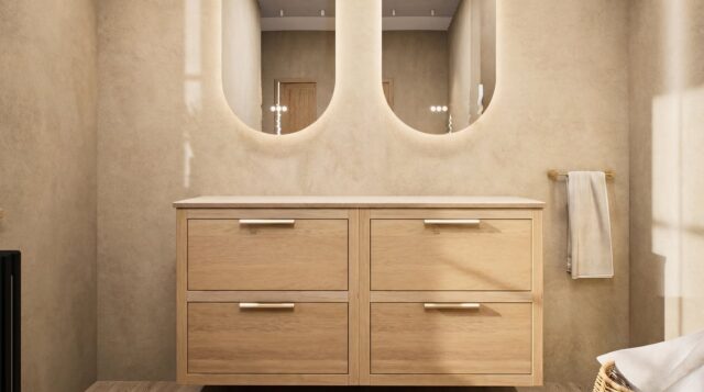 Hangend donker eiken badkamermeubel 140 cm met twee lades en grijs limestone blad