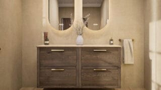 Hangend naturel eiken badkamermeubel 140 cm met dubbele lade en limestone blad met witte waskom