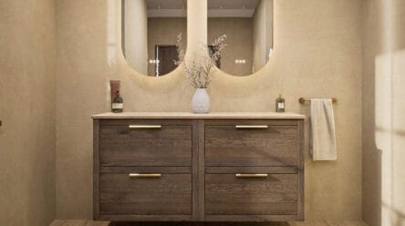 Hangend naturel eiken badkamermeubel 140 cm met dubbele lade en limestone blad met witte waskom