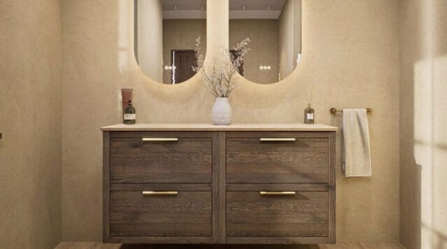 Hangend naturel eiken badkamermeubel 140 cm met dubbele lade en limestone blad met witte waskom