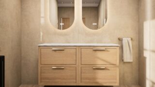 Hangend donker eiken badkamermeubel 140 cm met dubbele lade en limestone blad met witte waskom