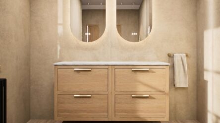 Hangend donker eiken badkamermeubel 140 cm met dubbele lade en limestone blad met witte waskom