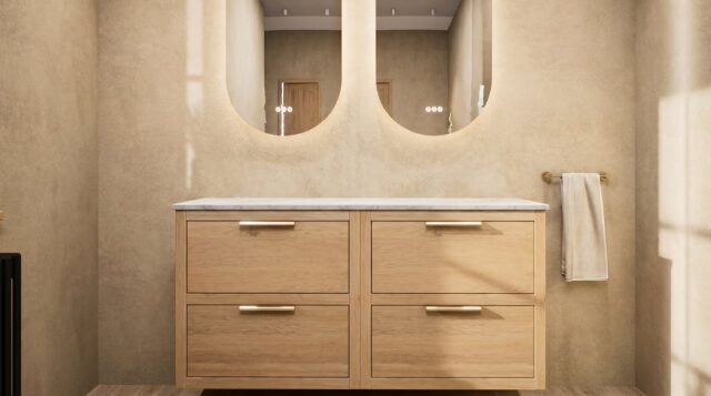 Hangend donker eiken badkamermeubel 140 cm met dubbele lade en limestone blad met witte waskom