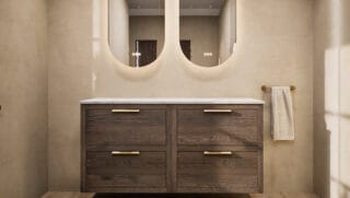 Massief eiken wastafelmeubel 140 cm met vier lades, Bianco Carrara marmer en twee keramische waskommen