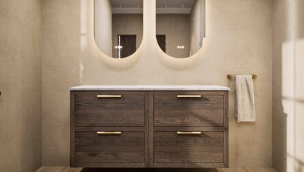 Massief eiken wastafelmeubel 140 cm met vier lades, Bianco Carrara marmer en twee keramische waskommen