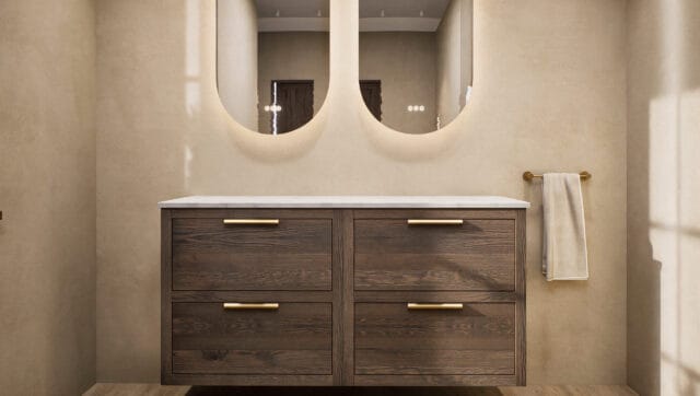 Massief eiken wastafelmeubel 140 cm met vier lades, Bianco Carrara marmer en twee keramische waskommen