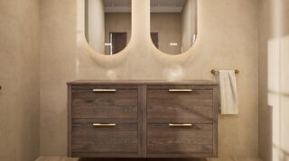 Modern naturel eiken badkamermeubel 140 cm met dubbele lade, vlak front en massief eiken blad met witte waskom