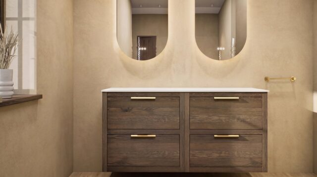Hangend naturel eiken badkamermeubel 140 cm met twee lades en witte solid surface waskom