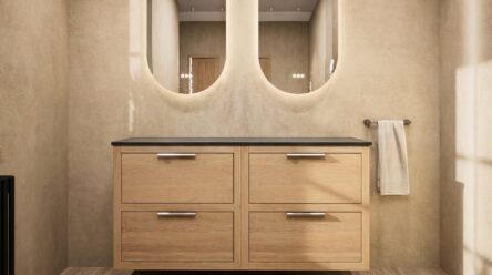 Hangend donker eiken wastafelmeubel 140 cm met dubbele lade en solid surface blad met waskom