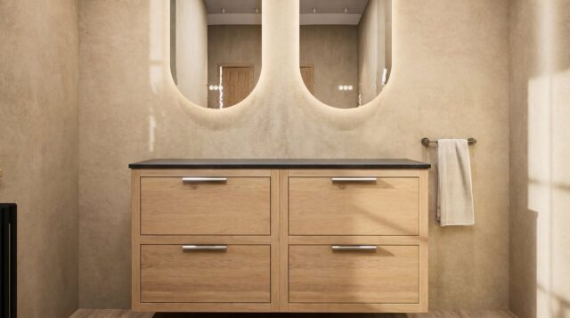 Hangend donker eiken wastafelmeubel 140 cm met dubbele lade en solid surface blad met waskom