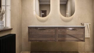 Modern naturel eiken badkamermeubel 160 cm met enkele lade, vlak front en grijs limestone blad met witte waskom