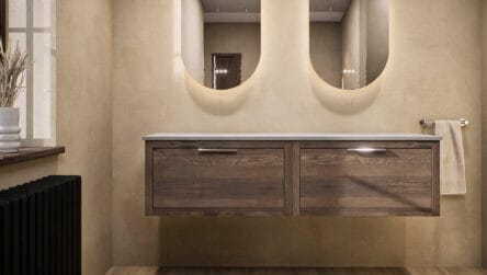 Modern naturel eiken badkamermeubel 160 cm met enkele lade, vlak front en grijs limestone blad met witte waskom