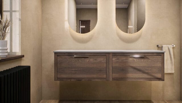 Modern naturel eiken badkamermeubel 160 cm met enkele lade, vlak front en grijs limestone blad met witte waskom