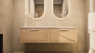 Hangend donker eiken badkamermeubel 160 cm met één lade en grijs limestone blad