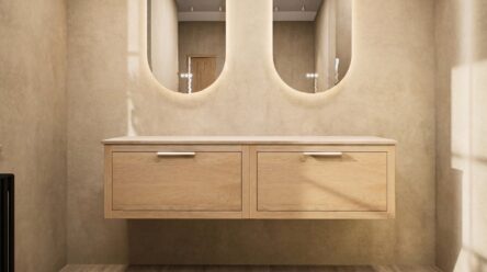 Hangend donker eiken badkamermeubel 160 cm met één lade en grijs limestone blad