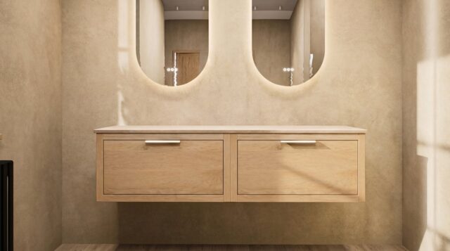 Hangend donker eiken badkamermeubel 160 cm met één lade en grijs limestone blad