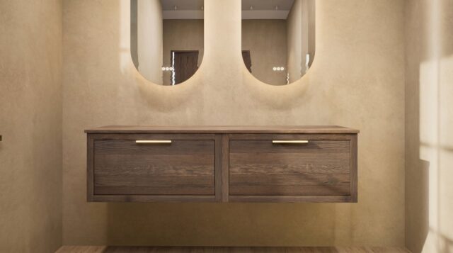 Hangend naturel eiken badkamermeubel 160 cm met enkele lade en limestone blad met witte waskom