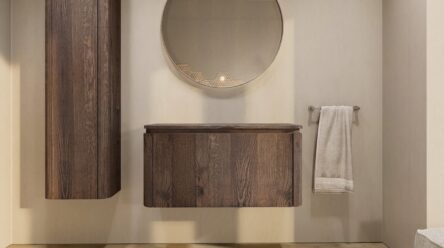 Rond hangend donker eiken badkamermeubel 100 cm met afgeronde hoeken, vlak front en massief eiken blad