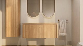 Rond hangend naturel eiken badkamermeubel 120 cm met afgeronde hoeken en eiken blad met twee waskommen