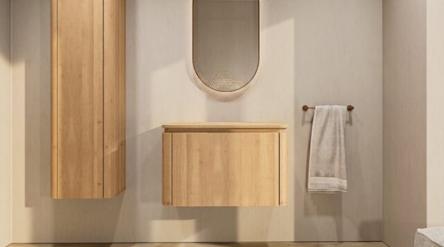 Rond hangend naturel eiken badkamermeubel 80 cm met afgeronde hoeken en eiken blad met witte waskom