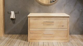 Hangend massief eiken badkamermeubel 130 cm met vlak front, eiken blad en ronde witte solid surface waskom