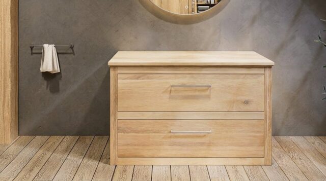 Hangend massief eiken badkamermeubel 130 cm met vlak front, eiken blad en ronde witte solid surface waskom