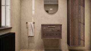 Modern naturel eiken badkamermeubel 60 cm met enkele lade, vlak front en massief eiken blad met witte waskom