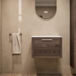Hangend naturel eiken badkamermeubel 60 cm met één lade en witte solid surface waskom