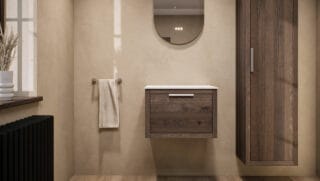 Hangend naturel eiken badkamermeubel 60 cm met één lade en witte solid surface waskom