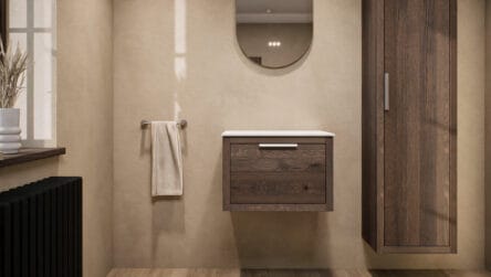Hangend naturel eiken badkamermeubel 60 cm met één lade en witte solid surface waskom