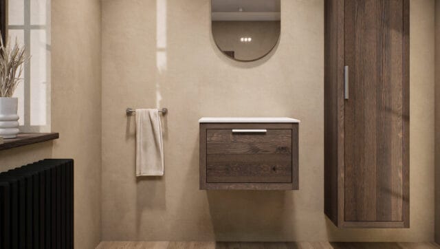 Hangend naturel eiken badkamermeubel 60 cm met één lade en witte solid surface waskom
