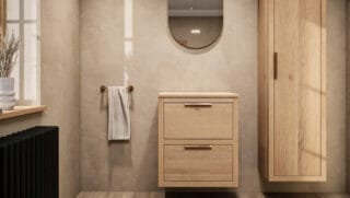 Hangend donker eiken badkamermeubel 60 cm met dubbele lade en marmer blad met witte waskom
