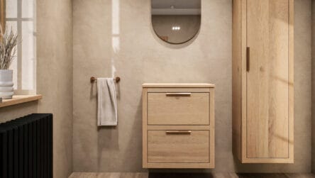 Hangend donker eiken badkamermeubel 60 cm met dubbele lade en marmer blad met witte waskom
