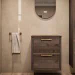 Modern naturel eiken badkamermeubel 60 cm met dubbele lade, vlak front en massief eiken blad met witte waskom