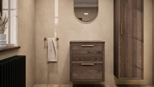 Modern naturel eiken badkamermeubel 60 cm met dubbele lade, vlak front en massief eiken blad met witte waskom