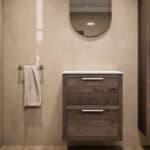 Hangend naturel eiken wastafelmeubel 60 cm met twee lades, vlak front en solid surface waskom