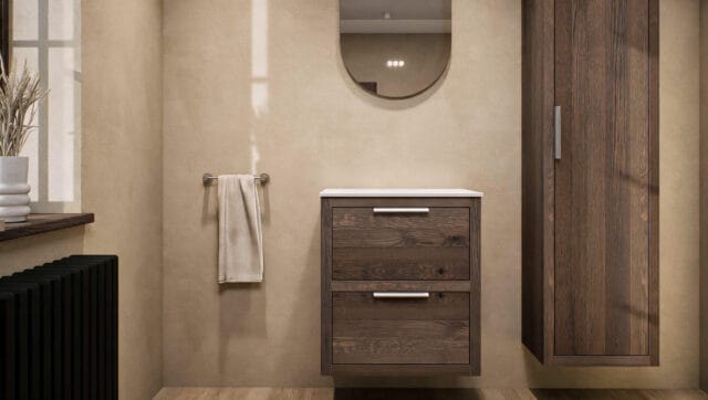 Hangend naturel eiken wastafelmeubel 60 cm met twee lades, vlak front en solid surface waskom