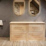 Massief eiken wastafelmeubel 160 cm met vlak front, eiken blad en twee ronde matwitte solid surface waskommen