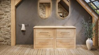 Massief eiken wastafelmeubel 160 cm met vlak front, eiken blad en twee ronde matwitte solid surface waskommen