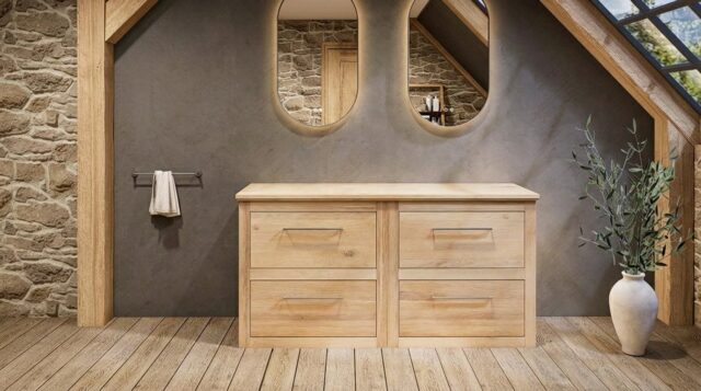 Massief eiken wastafelmeubel 160 cm met vlak front, eiken blad en twee ronde matwitte solid surface waskommen