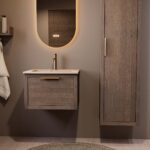 Modern donker eiken badkamermeubel 60 cm met één lade en Mat Beige mineraalstenen wastafel