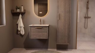 Modern donker eiken badkamermeubel 60 cm met één lade en Mat Beige mineraalstenen wastafel