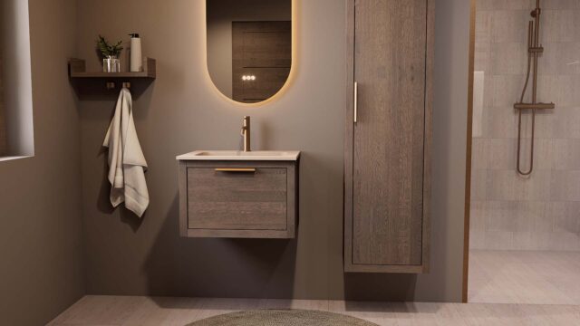 Modern donker eiken badkamermeubel 60 cm met één lade en Mat Beige mineraalstenen wastafel