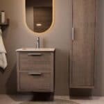 Modern donker eiken badkamermeubel 60 cm met twee lades en Mat Beige mineraalstenen wastafel
