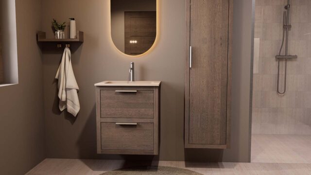 Modern donker eiken badkamermeubel 60 cm met twee lades en Mat Beige mineraalstenen wastafel