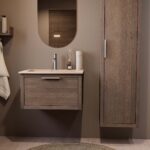 Modern donker eiken badkamermeubel 70 cm met één lade en Mat Beige mineraalstenen wastafel