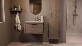 Modern donker eiken badkamermeubel 70 cm met één lade en Mat Beige mineraalstenen wastafel