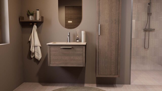 Modern donker eiken badkamermeubel 70 cm met één lade en Mat Beige mineraalstenen wastafel